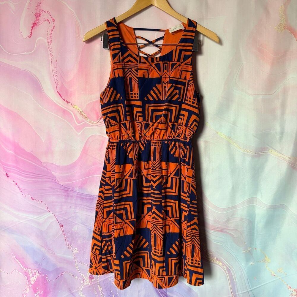 Everly S Orange Blue Geometric Pattern Dress Preppy Artsy Auburn Party Boardwalk